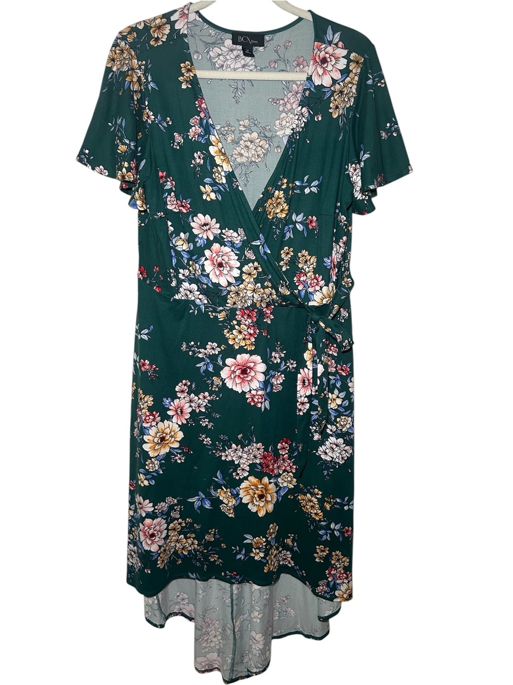 BCX Green Floral Wrap Dress Vneck Short Sleeve Casual‎ Classy Mature 1X Fairy